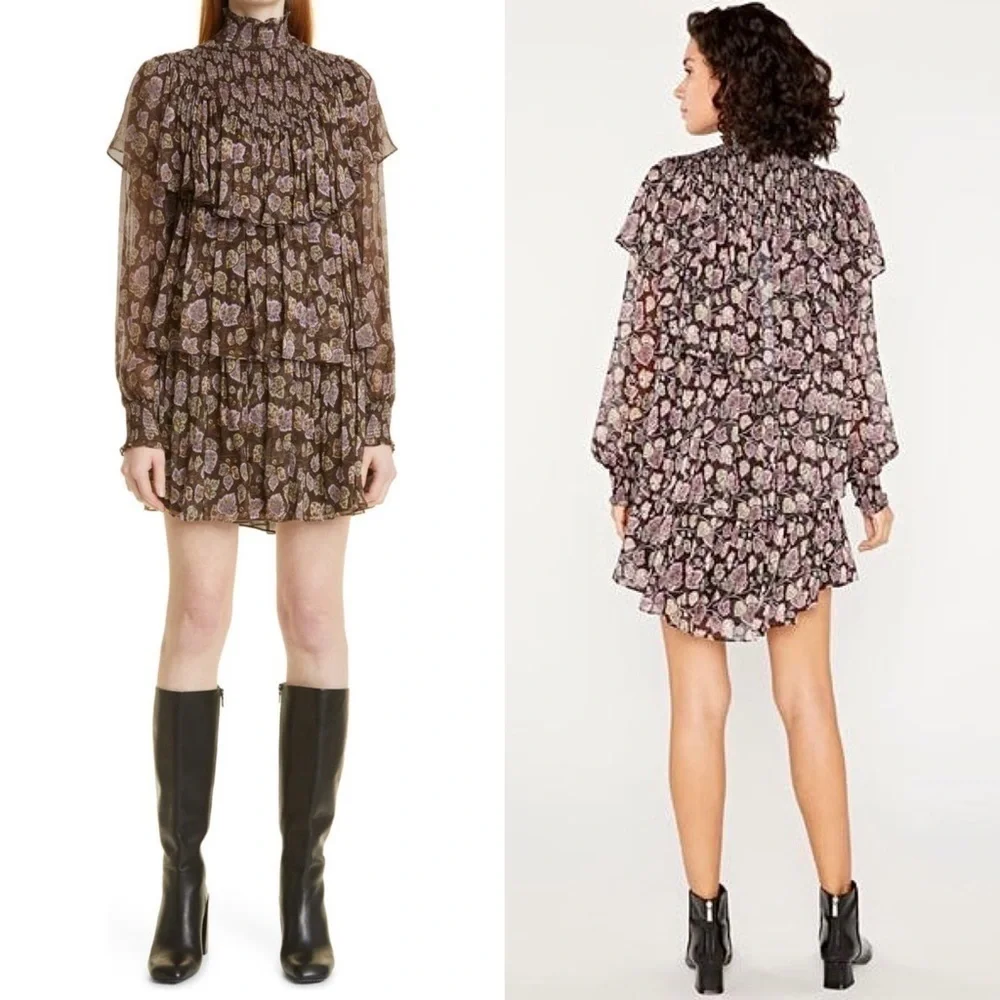 NWT CINQ A SEPT Boho Floral Ruffle Puffed Long Sleeve Smocked High‎ Neck Dress 8